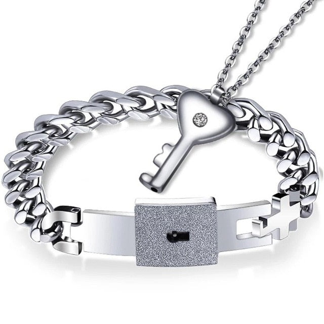 Titanium Puzzle Couple Heart Lock Key Couple Bracelet Necklace Lover